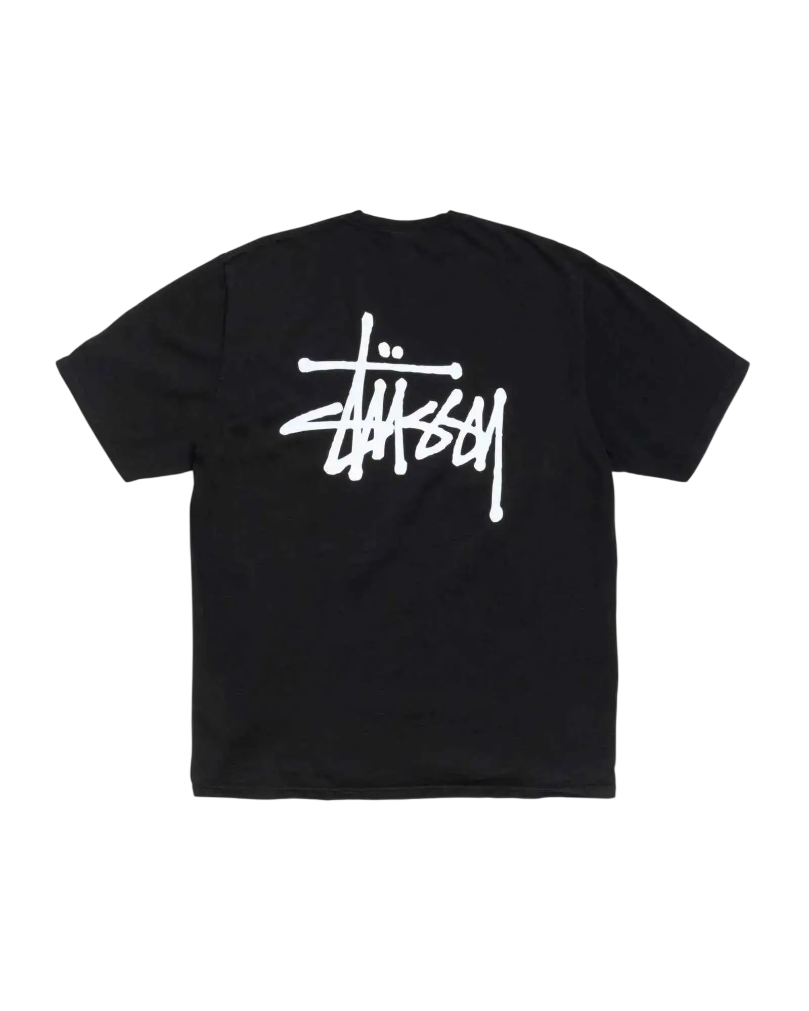 Black stussy basic tee showing the back with bold white graffiti style logo on a soft cotton t-shirt