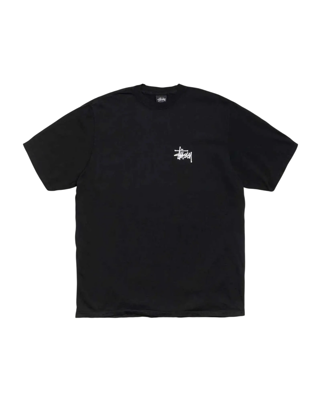 Black stussy basic tee with white logo on chest made from soft cotton for casual streetwear style