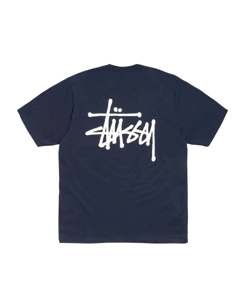 Navy blue Stussy basic tee showing the back with a white stylized logo on soft cotton fabric