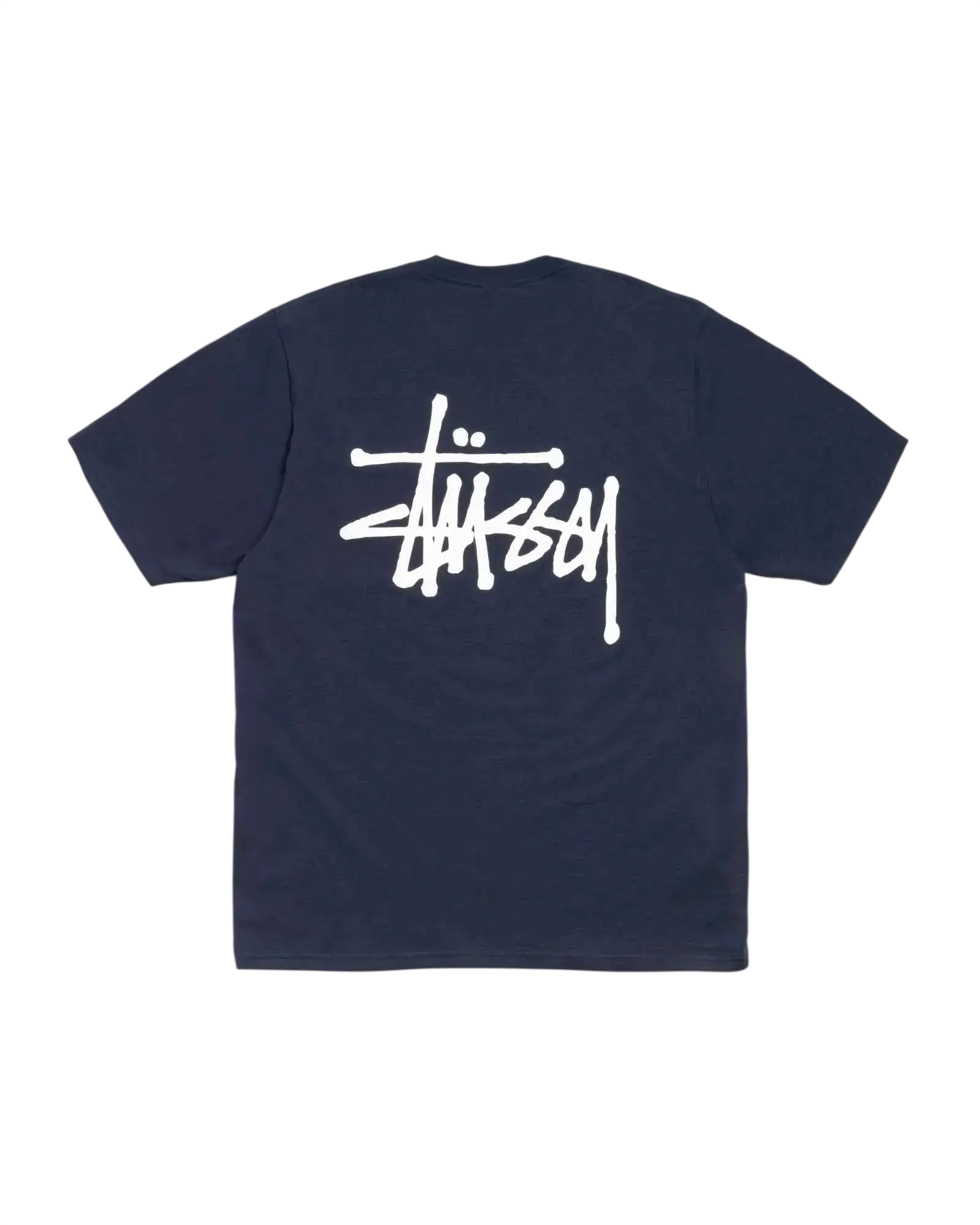Navy blue Stussy basic tee showing the back with a white stylized logo on soft cotton fabric