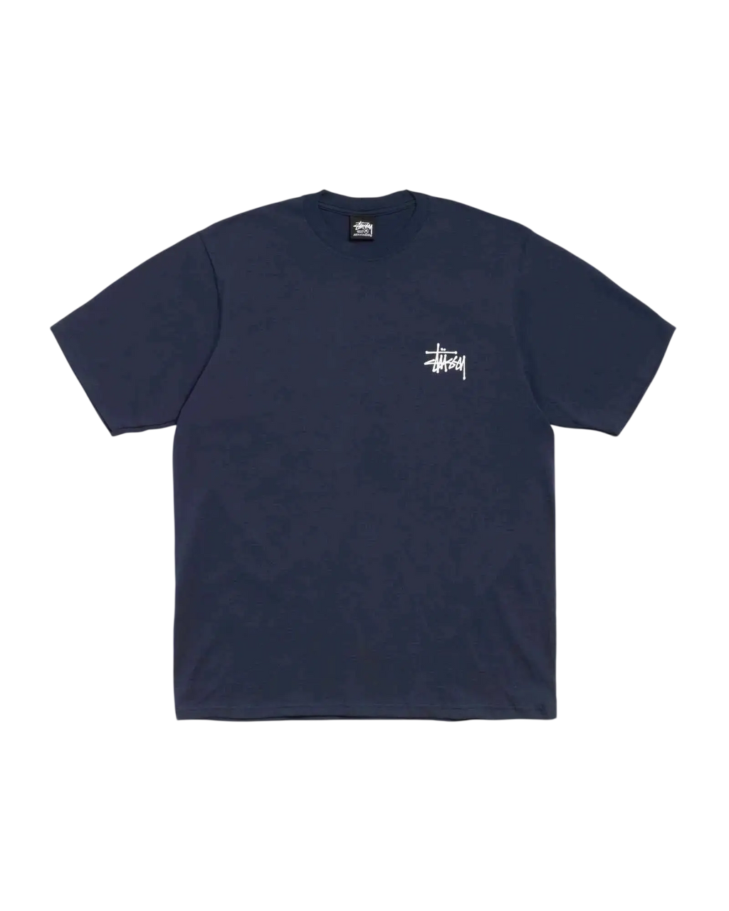 Navy blue Stussy basic tee with white logo on left chest made of soft cotton for casual wear