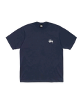 Navy blue Stussy basic tee with white logo on left chest made of soft cotton for casual wear