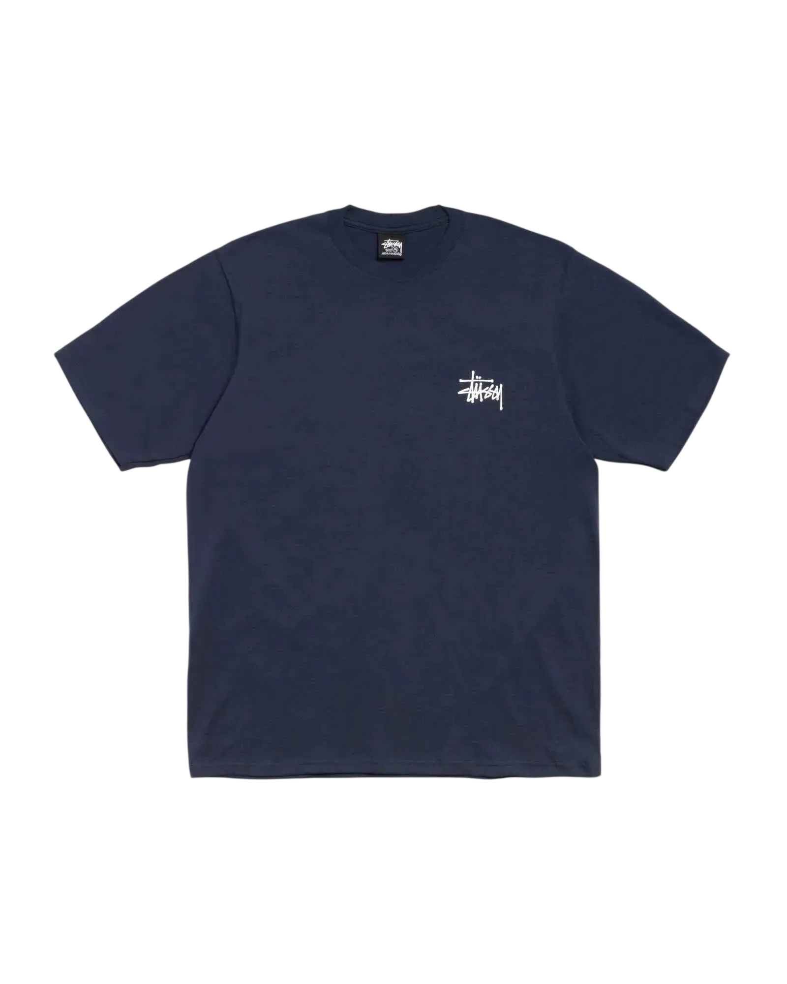 Navy blue Stussy basic tee with white logo on left chest made of soft cotton for casual wear