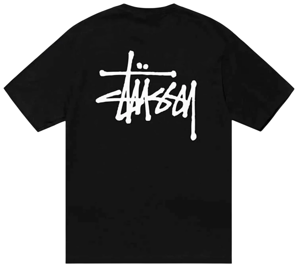 Back side of black stussy basic tee pigment dyed t shirt with bold white graffiti style logo across the back