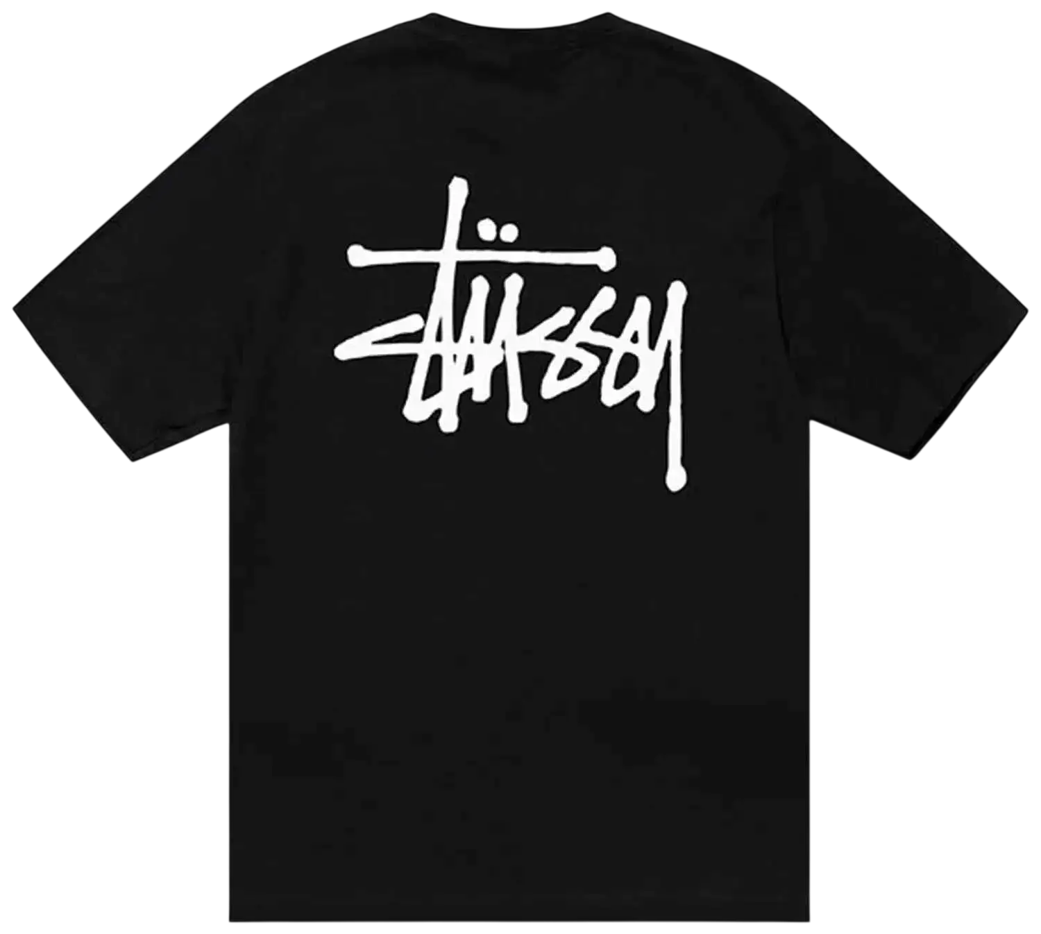 Back side of black stussy basic tee pigment dyed t shirt with bold white graffiti style logo across the back