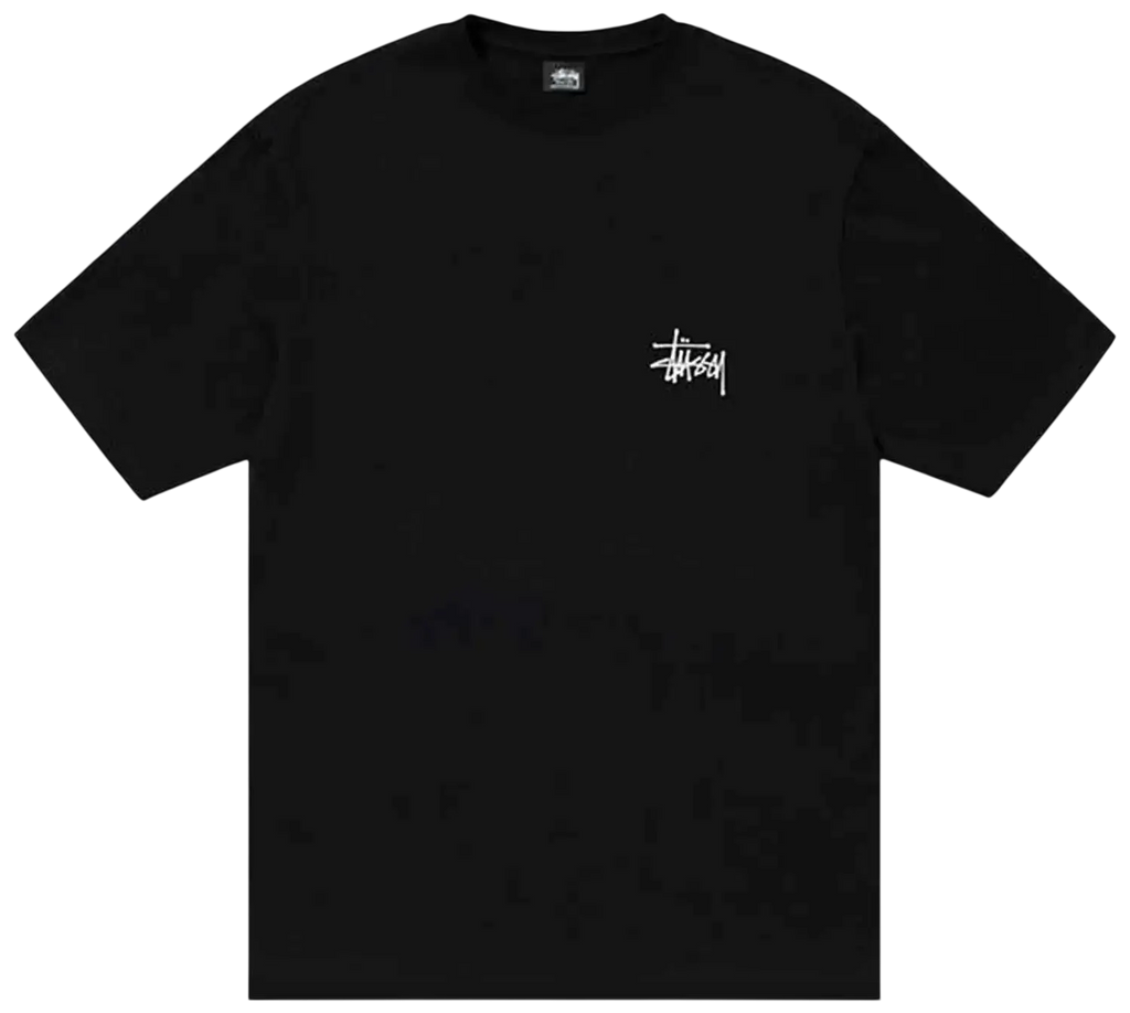 Black stussy basic tee pigment dyed black with white logo on left chest made from soft cotton material