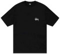 Black stussy basic tee pigment dyed black with white logo on left chest made from soft cotton material