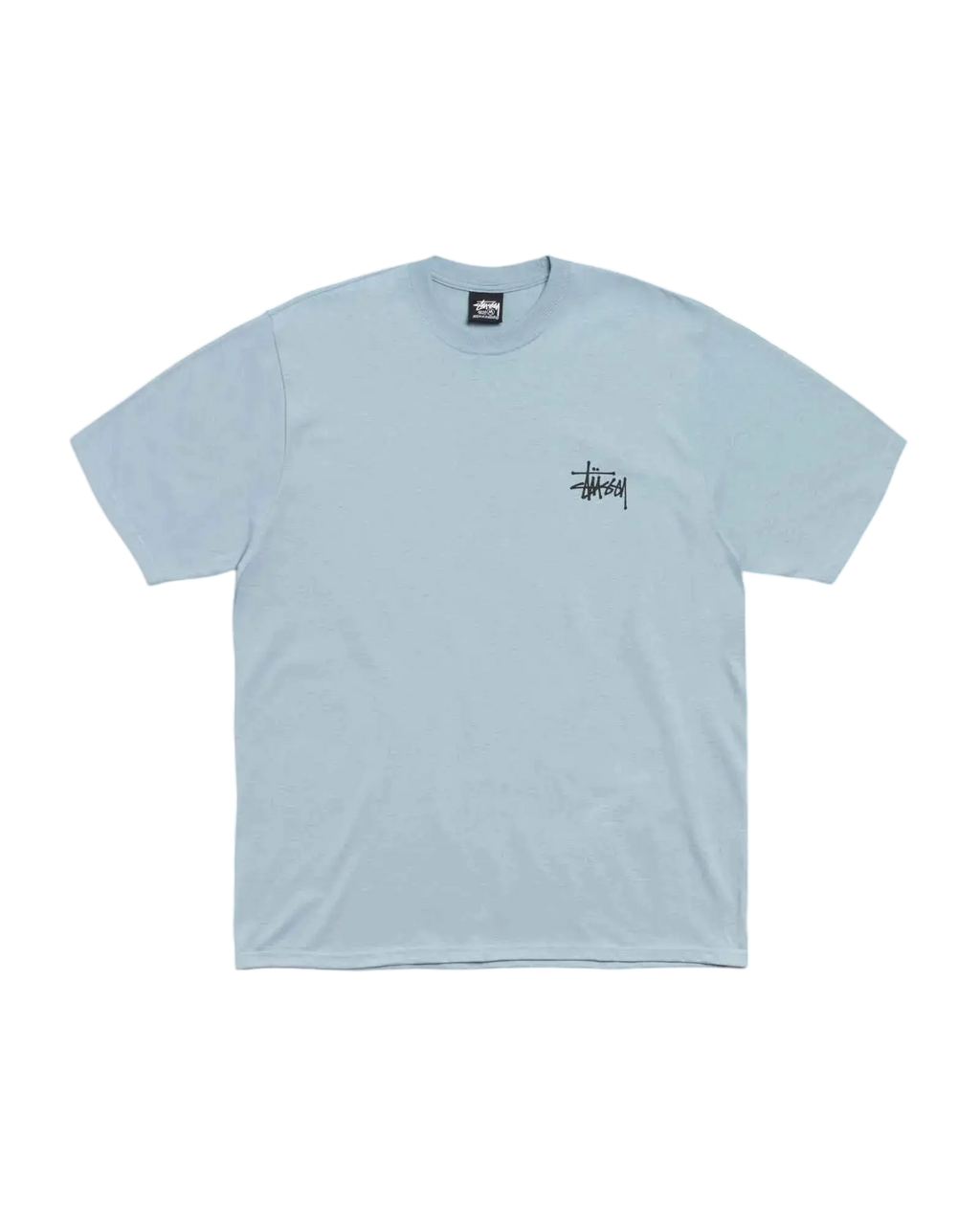 Light blue stussy basic tee slate blue with a small black signature logo on the left chest in soft cotton material