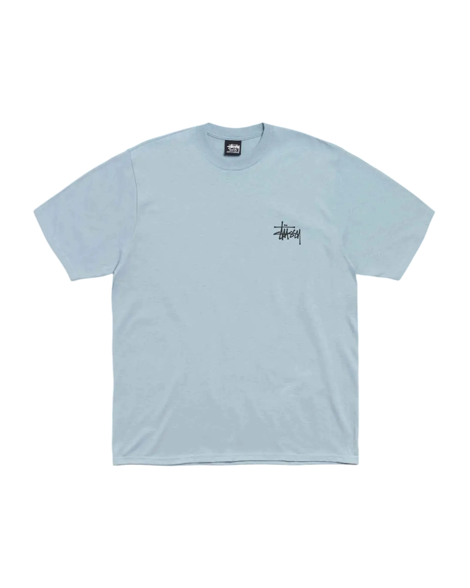 Light blue stussy basic tee slate blue with a small black signature logo on the left chest in soft cotton material