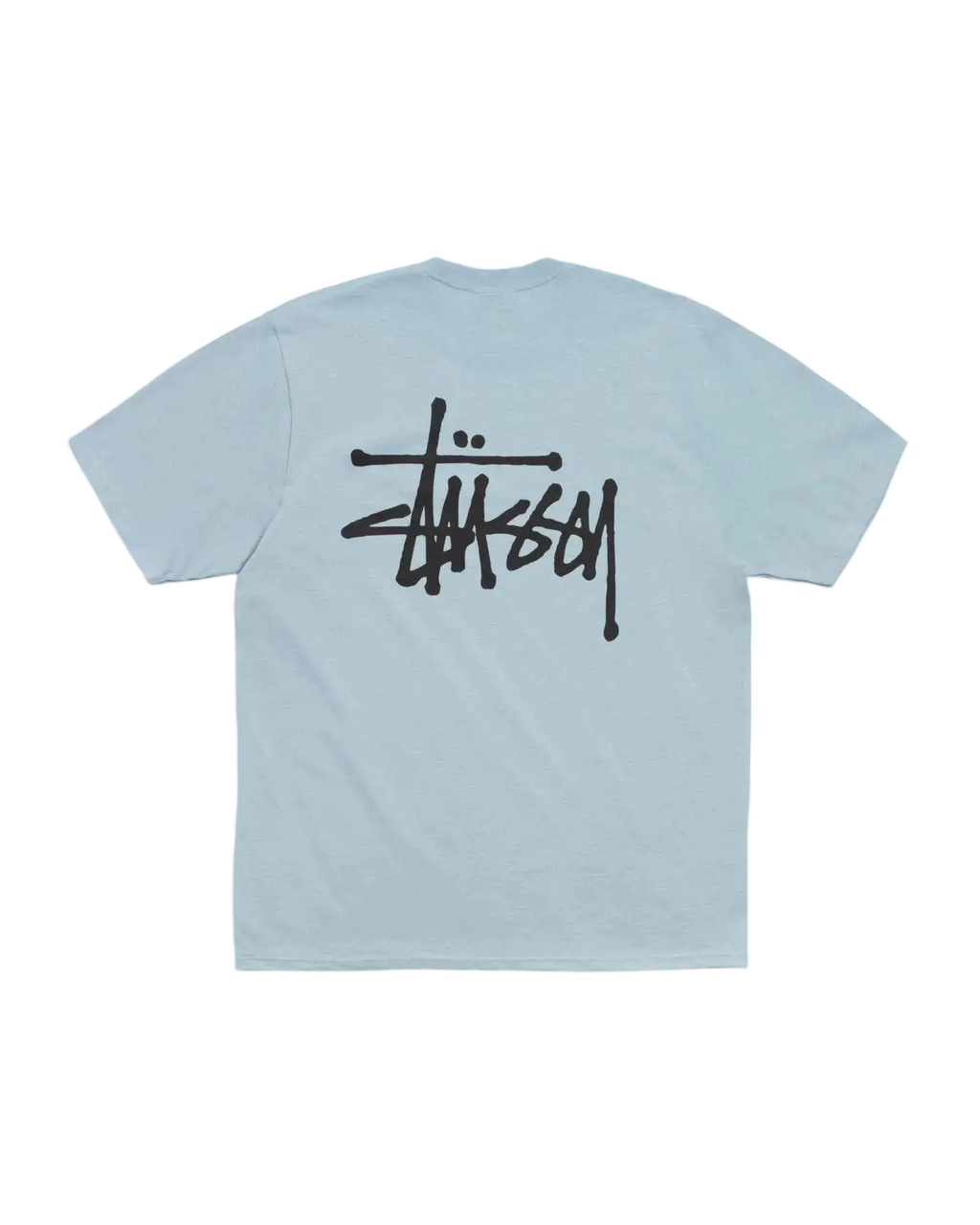 Light blue stussy basic tee slate blue showing the back with a bold black signature logo on soft cotton fabric
