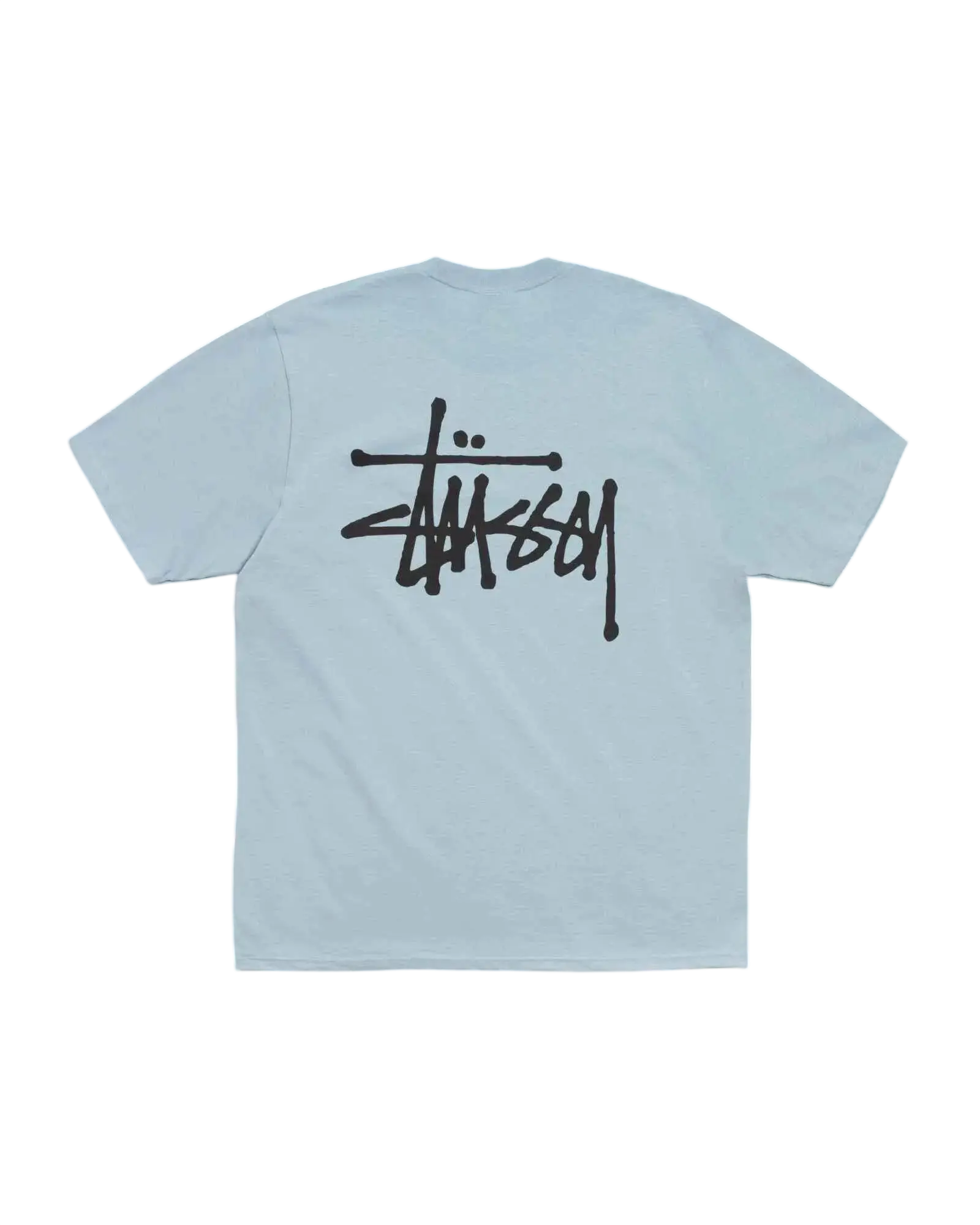 Light blue stussy basic tee slate blue showing the back with a bold black signature logo on soft cotton fabric