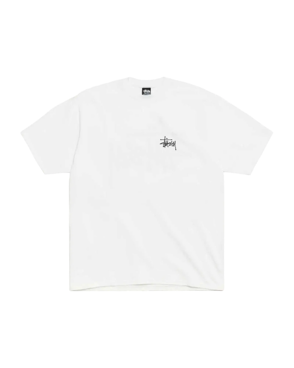 White stussy basic tee featuring a small black signature logo on the chest and matching tag at the collar