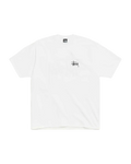 White stussy basic tee featuring a small black signature logo on the chest and matching tag at the collar