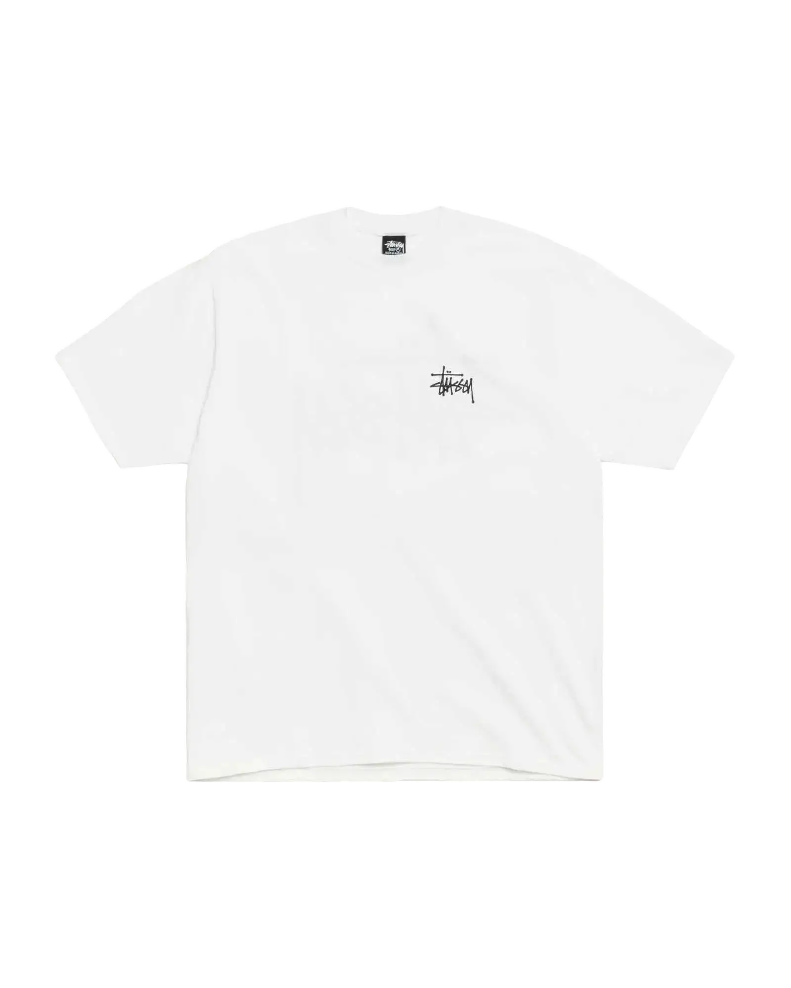 White stussy basic tee featuring a small black signature logo on the chest and matching tag at the collar