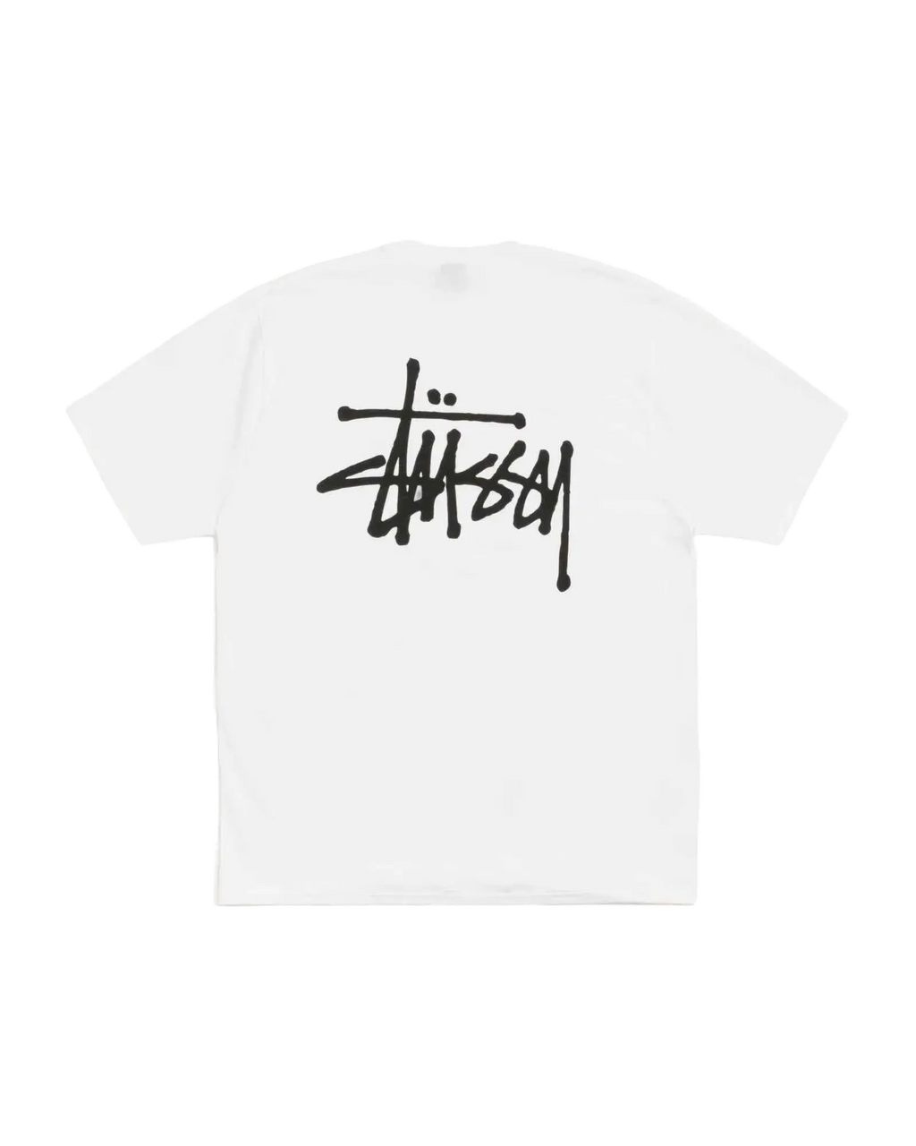 White stussy basic tee featuring a bold black signature logo across the chest in a comfortable cotton material