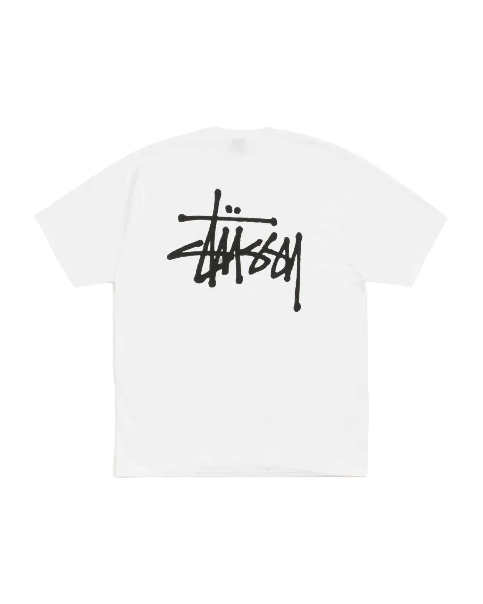 White stussy basic tee featuring a bold black signature logo across the chest in a comfortable cotton material