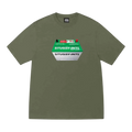 Olive green stussy battery tee featuring graphic battery with stussy-intl on green and white casing