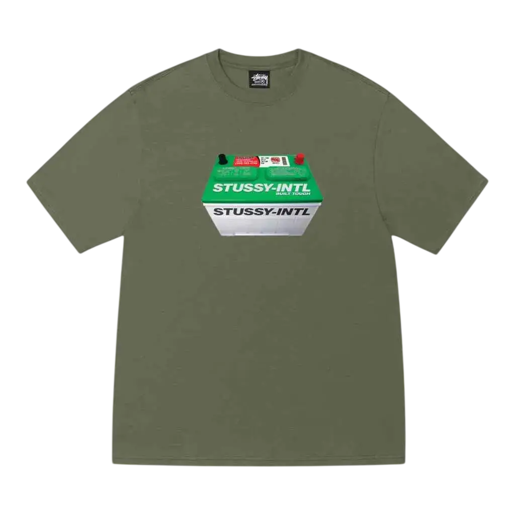 Olive green stussy battery tee featuring graphic battery with stussy-intl on green and white casing