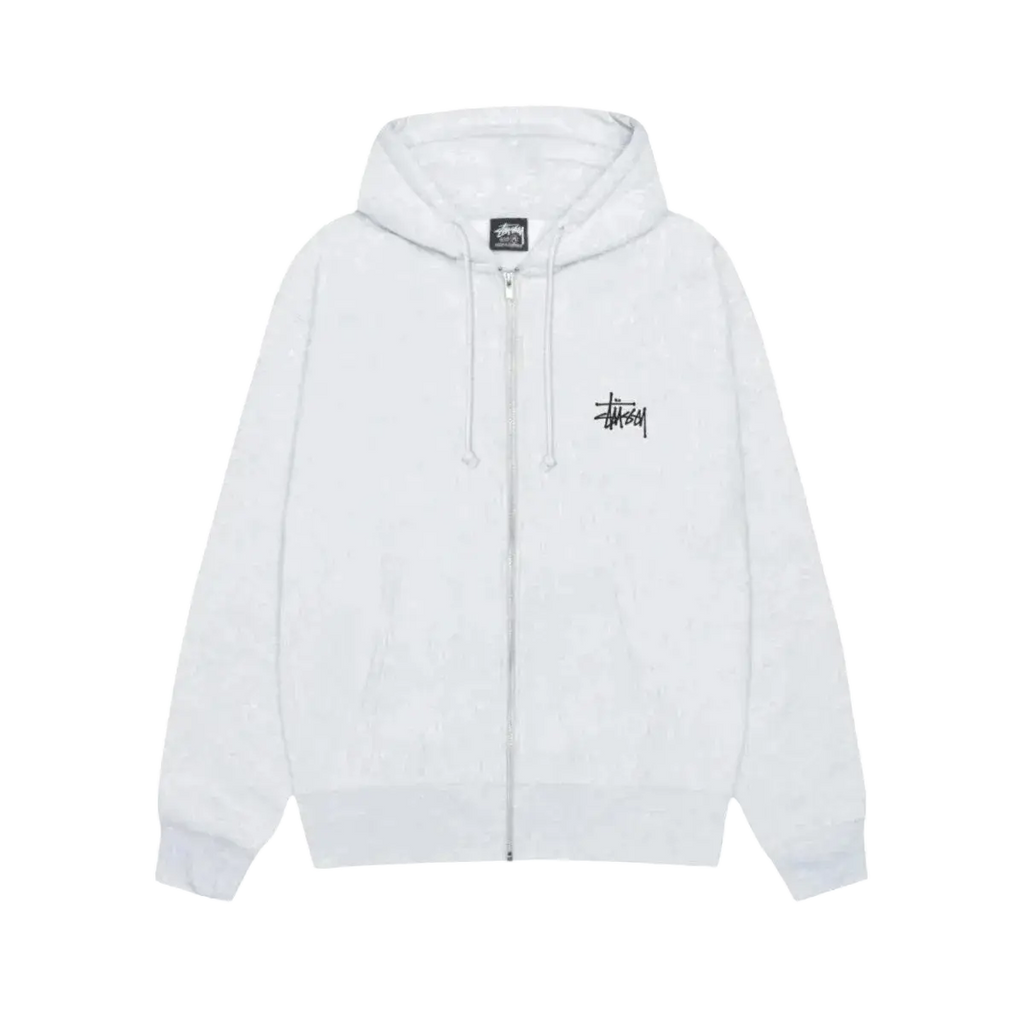 White stussy big and meaty zip up hoodie ash grey with black embroidered logo on chest and matching drawstrings