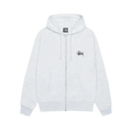White stussy big and meaty zip up hoodie ash grey with black embroidered logo on chest and matching drawstrings