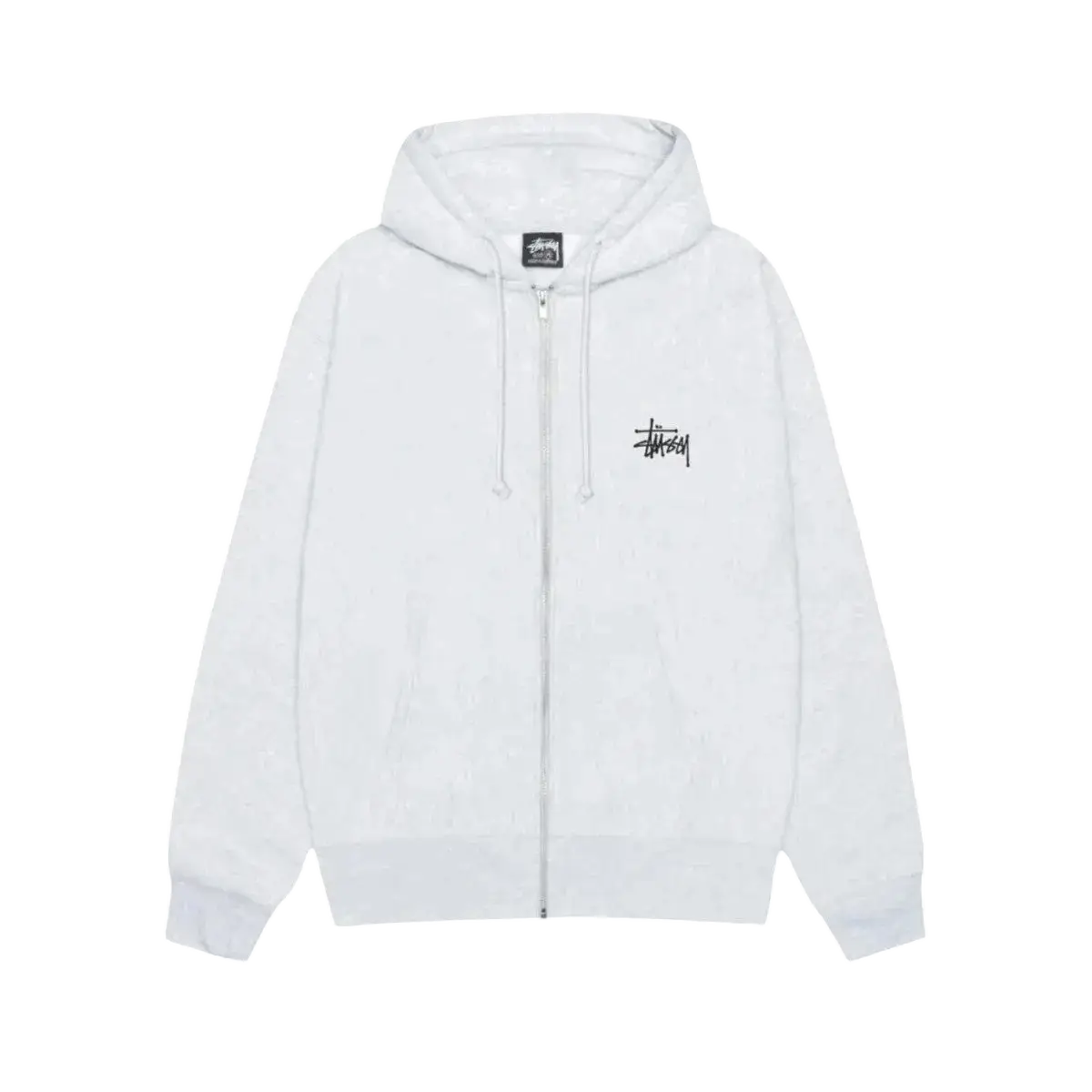 White stussy big and meaty zip up hoodie ash grey with black embroidered logo on chest and matching drawstrings