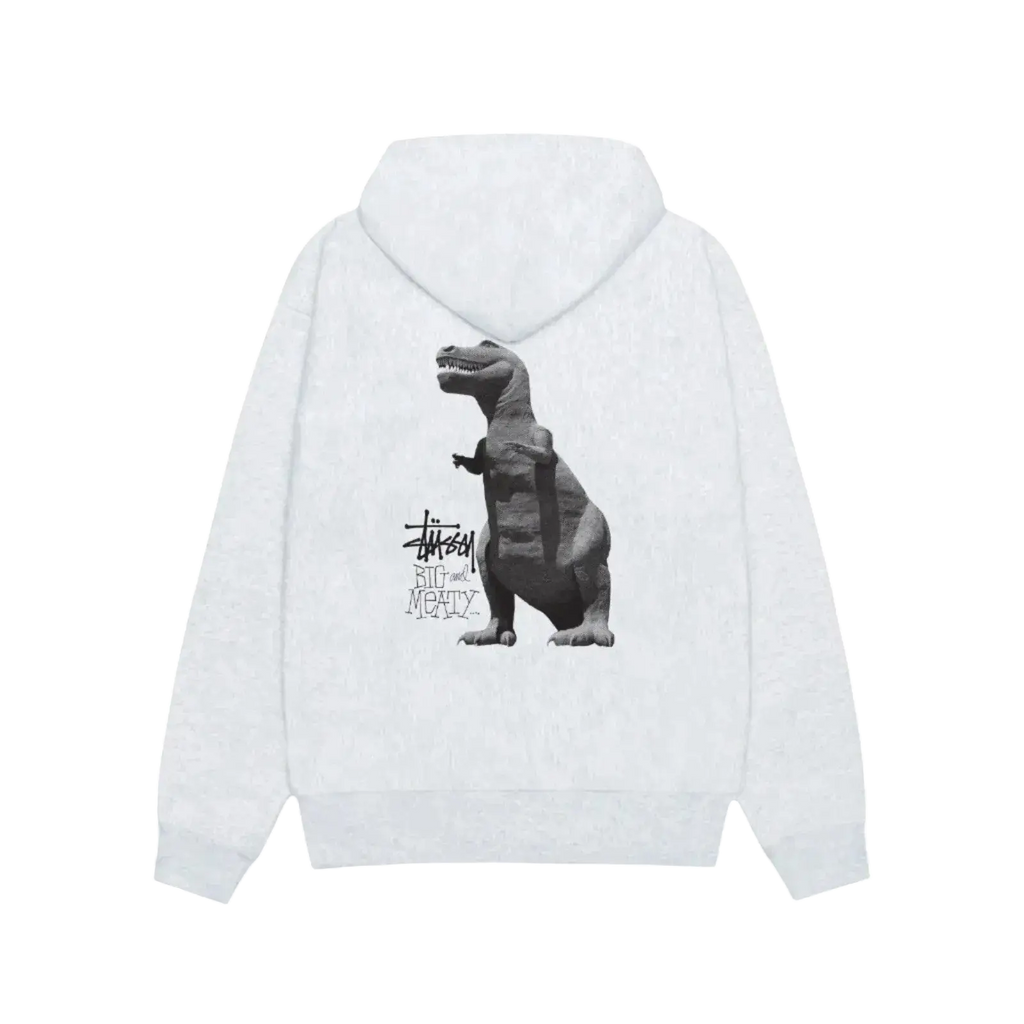 White stussy zip up hoodie in ash grey with black and gray tyrannosaurus rex graphic and rick and morty text