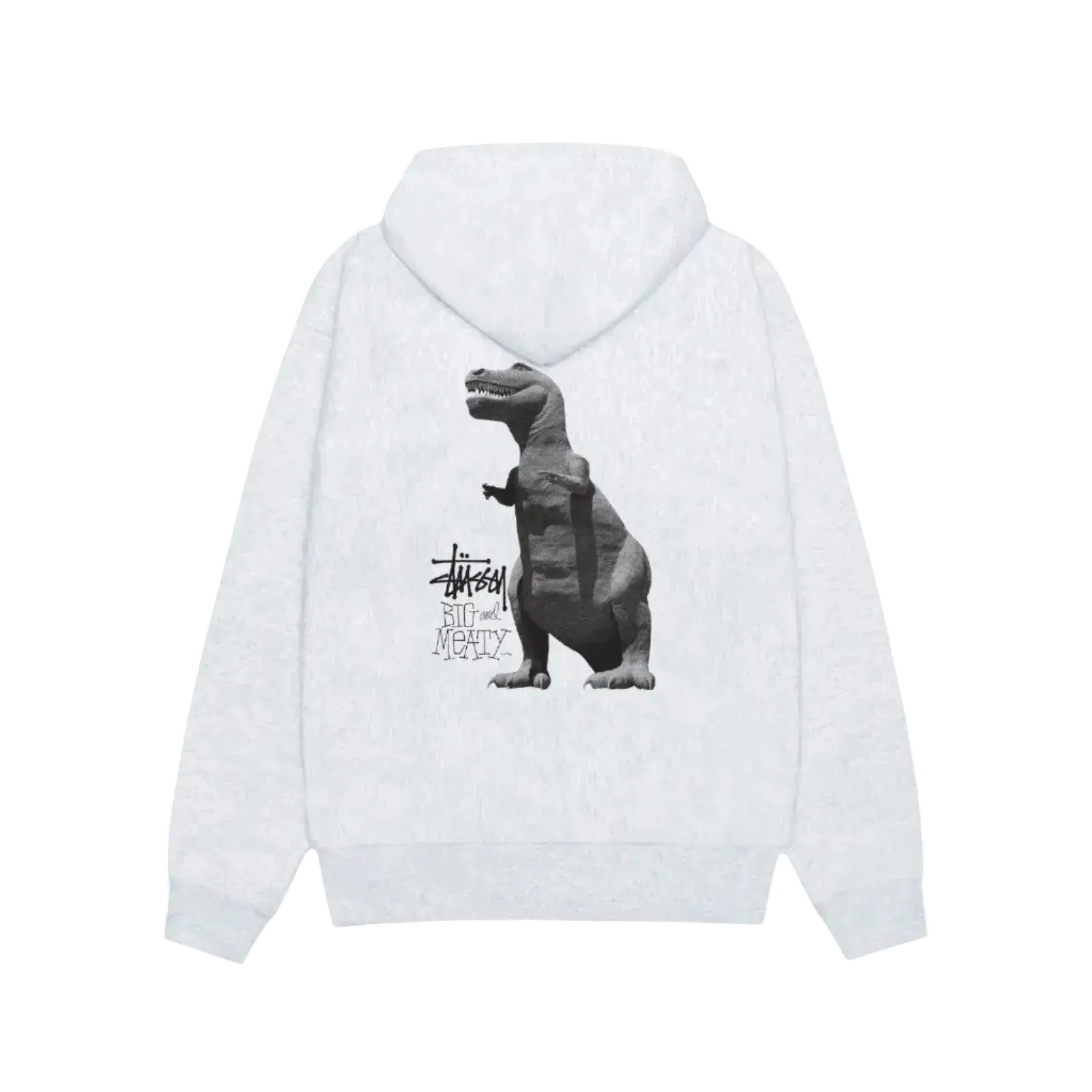 White stussy zip up hoodie in ash grey with black and gray tyrannosaurus rex graphic and rick and morty text