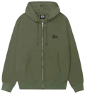 Olive green Stussy Big and Meaty zip-up hoodie with black embroidered logo and matching drawstrings