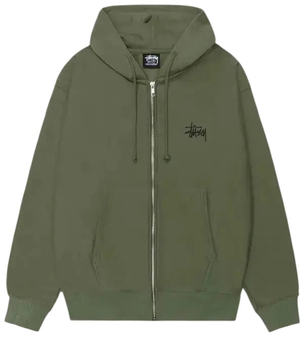 Olive green Stussy Big and Meaty zip-up hoodie with black embroidered logo and matching drawstrings