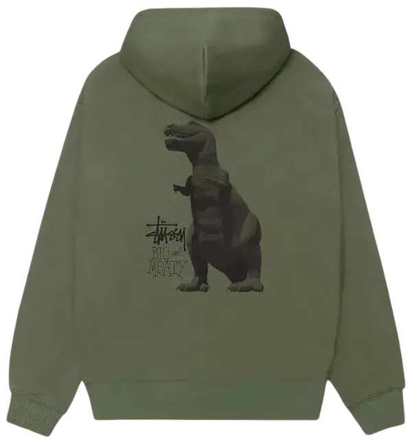 Back view of a pale green stussy big and meaty zip up hoodie with detailed t-rex graphic and brand logo on the back