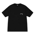 Black stussy body scan tee with a white signature logo on the left chest made from soft cotton fabric