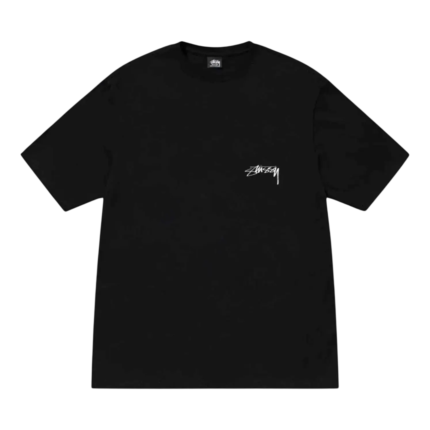 Black stussy body scan tee with a white signature logo on the left chest made from soft cotton fabric