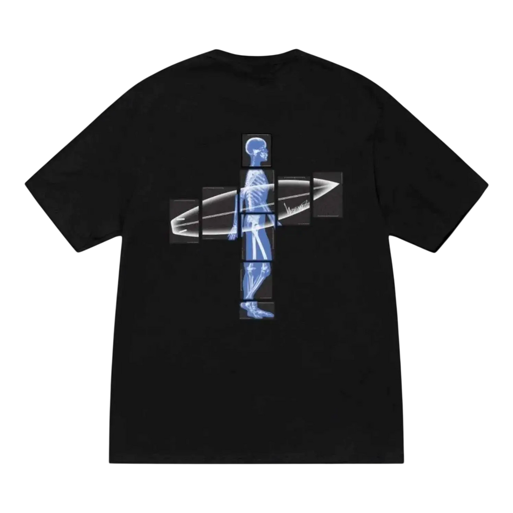 Black short-sleeved Stussy Body Scan tee featuring a blue x-ray skeleton holding a surfboard segmented in nine panels