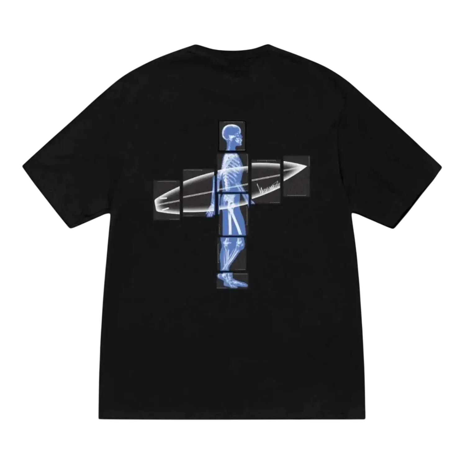 Black short-sleeved Stussy Body Scan tee featuring a blue x-ray skeleton holding a surfboard segmented in nine panels