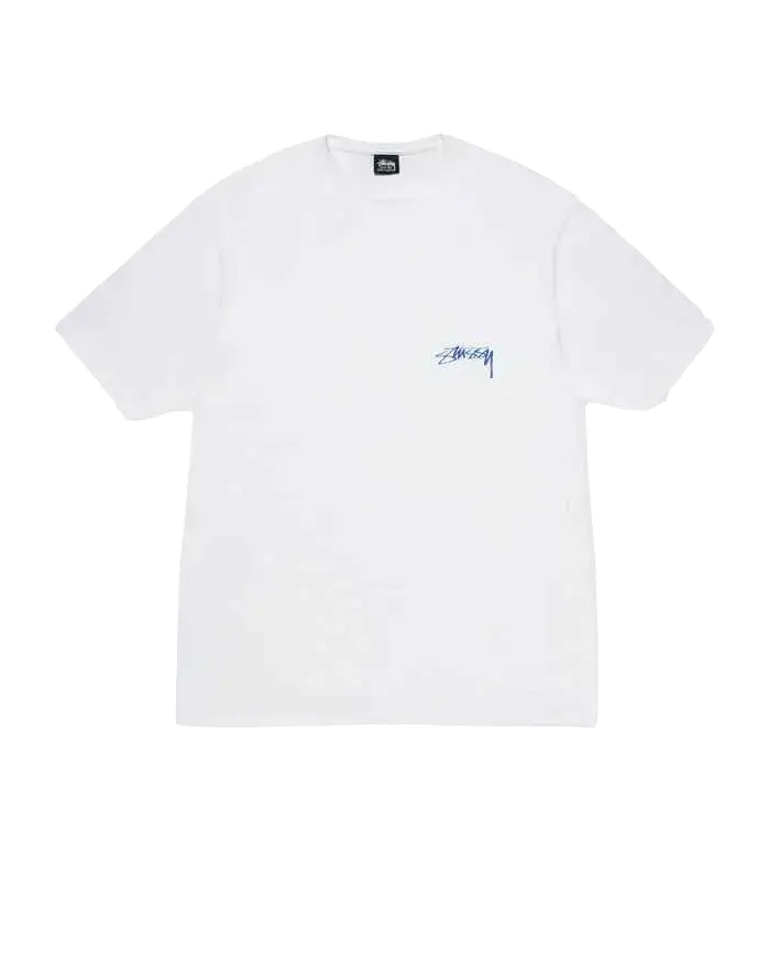 White stussy body scan tee made of cotton with a small blue signature logo on the left chest for casual wear