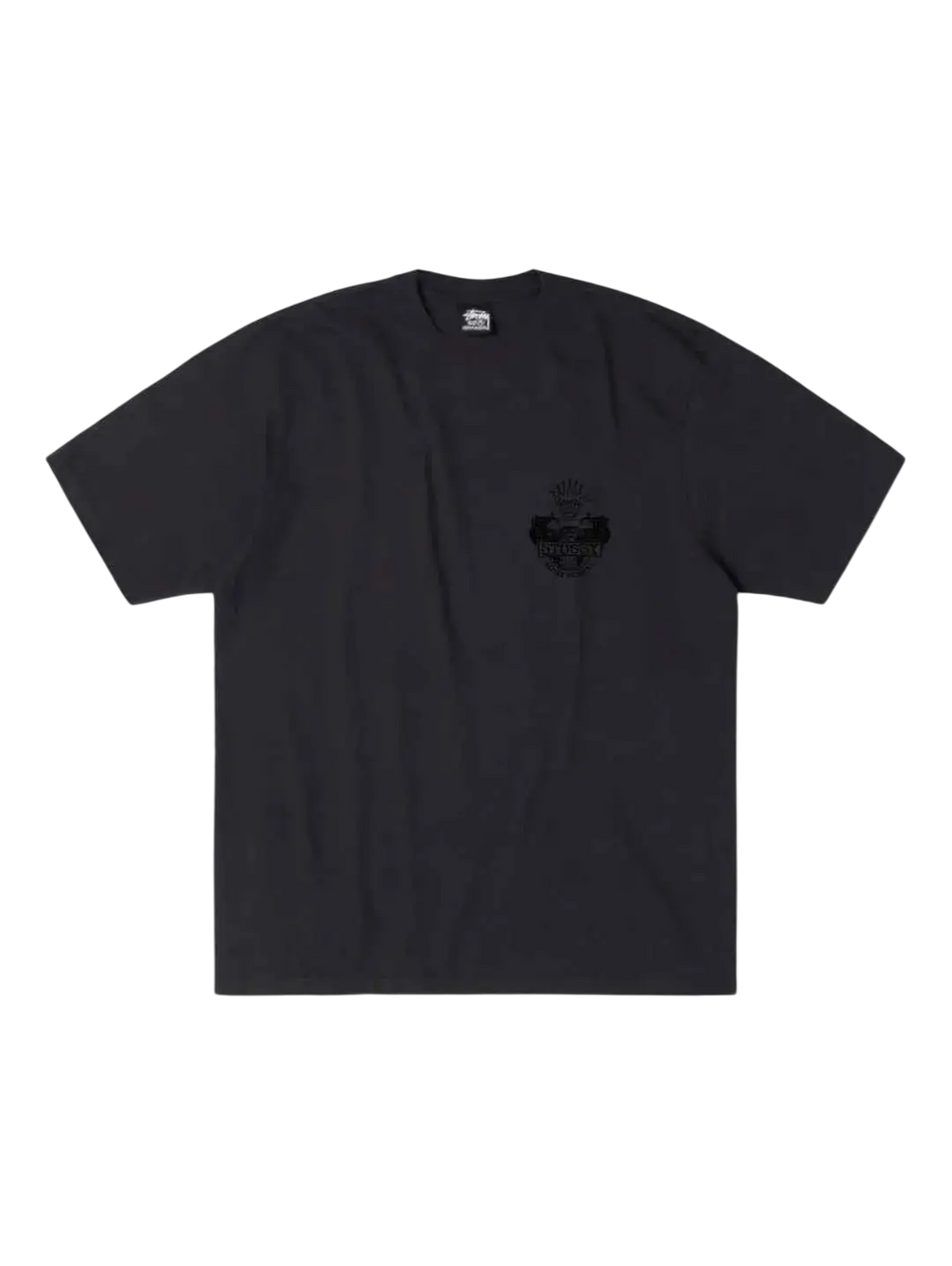 Dark gray stussy built to last pigment dyed tee with subtle black anchor graphic on left chest in faded black