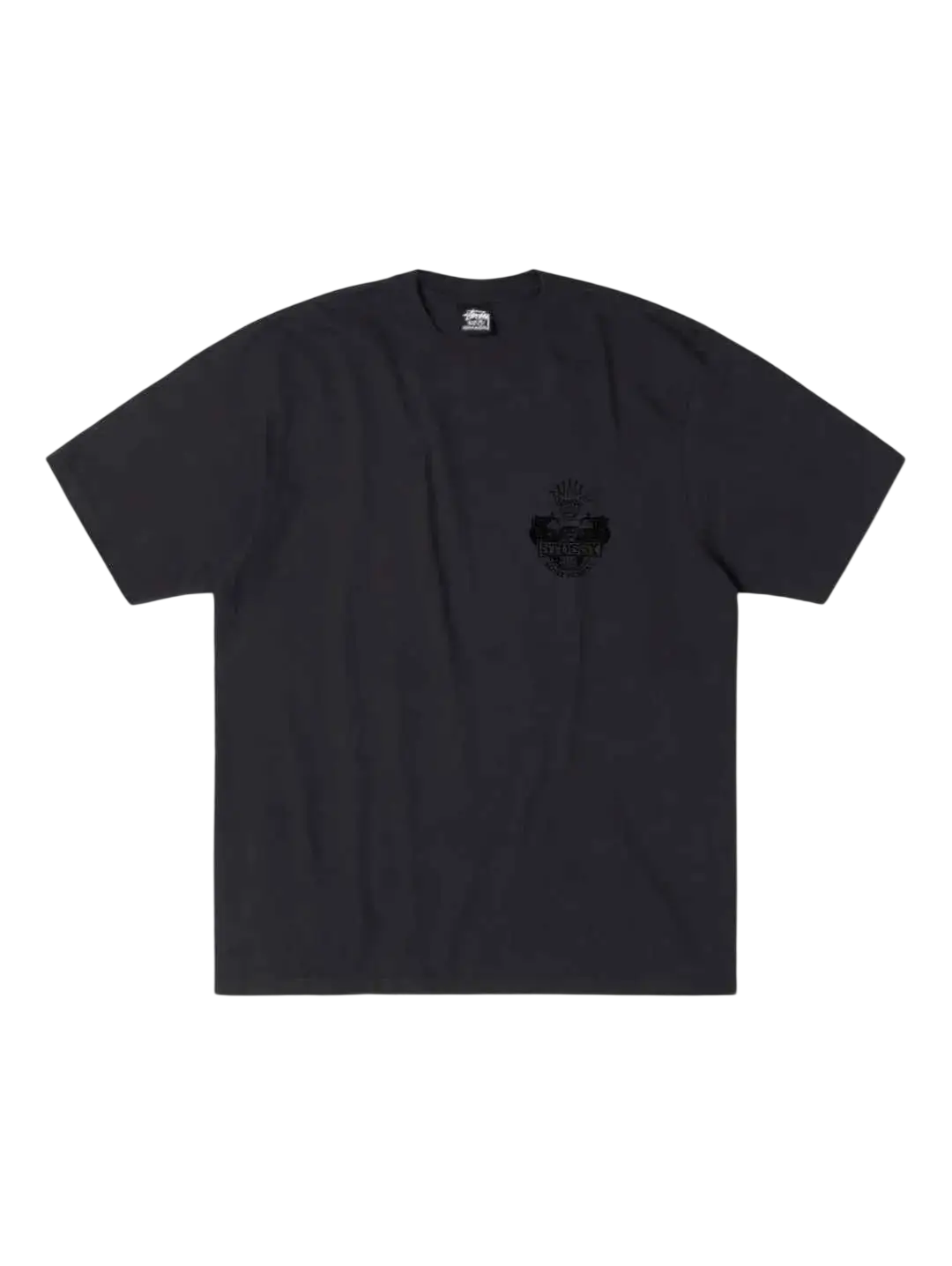 Dark gray stussy built to last pigment dyed tee with subtle black anchor graphic on left chest in faded black