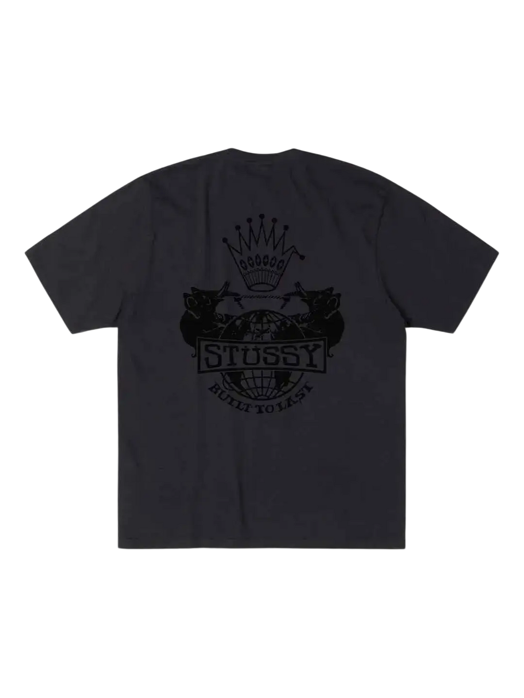 Gray stussy pigment dyed t shirt in faded black with black crown graphic and two stylized animals and brand name