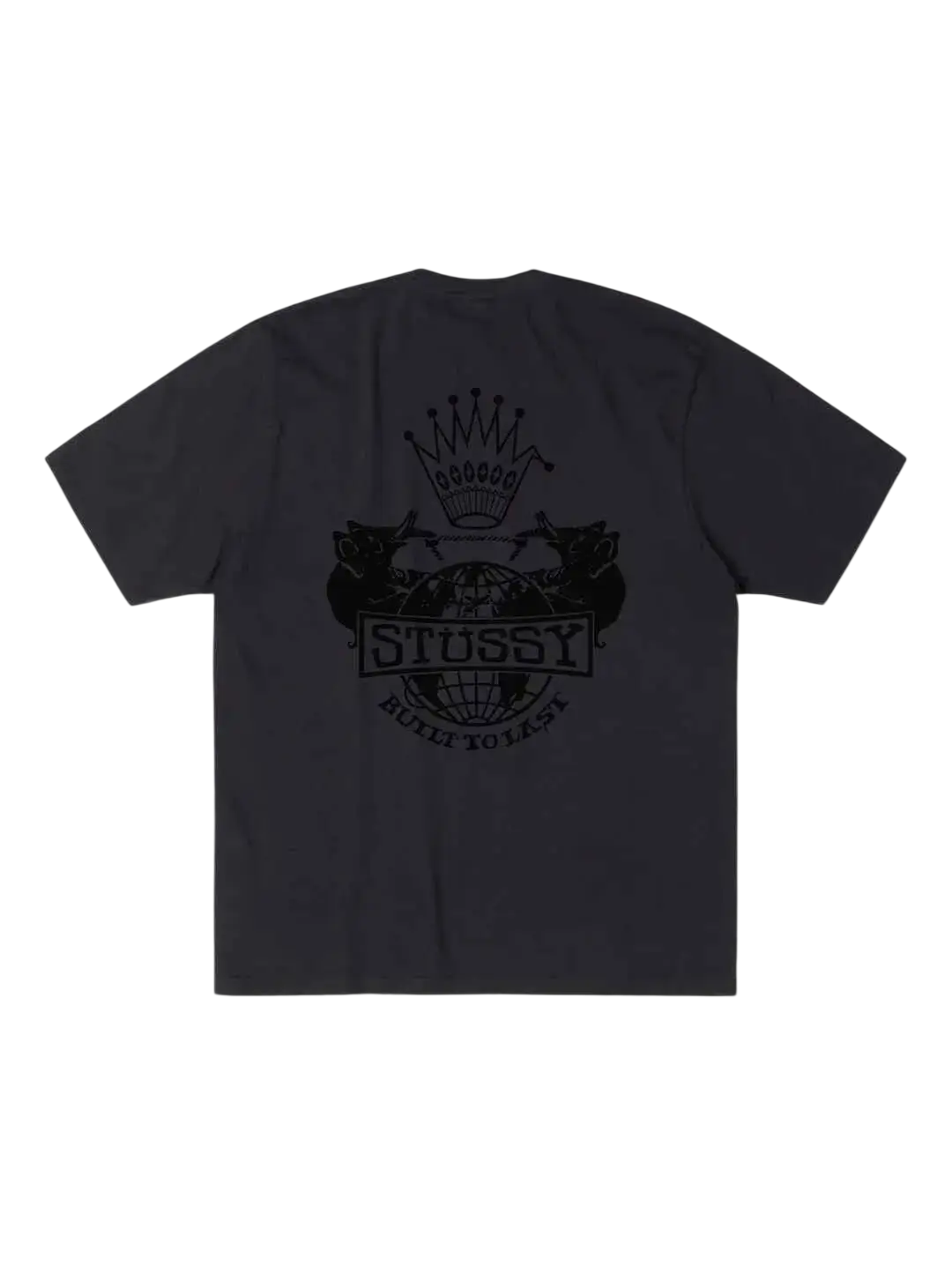 Gray stussy pigment dyed t shirt in faded black with black crown graphic and two stylized animals and brand name