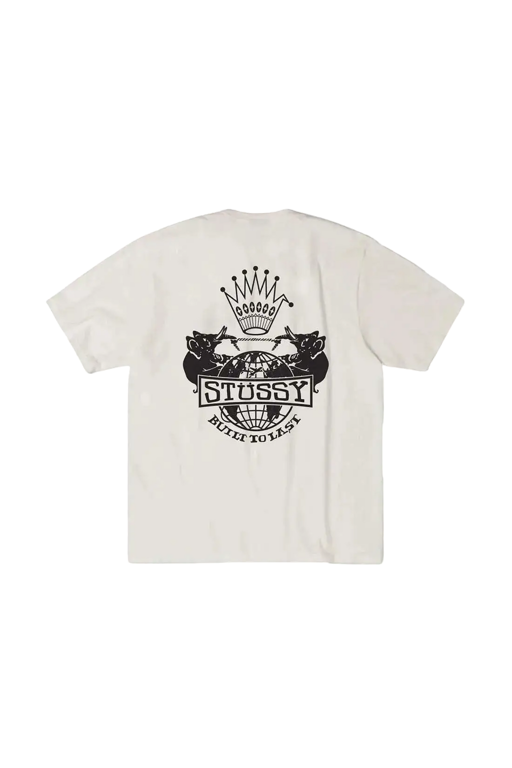 Off-white Stussy built to last pigment dyed tee natural featuring black graphic of two rats with swords above globe and crown