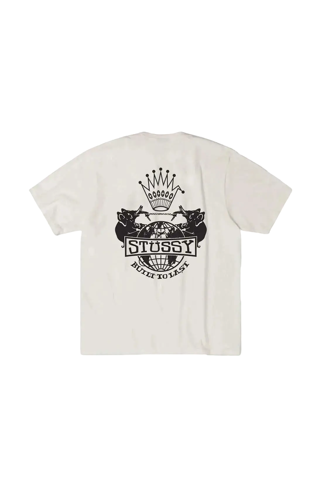 Off-white Stussy built to last pigment dyed tee natural featuring black graphic of two rats with swords above globe and crown