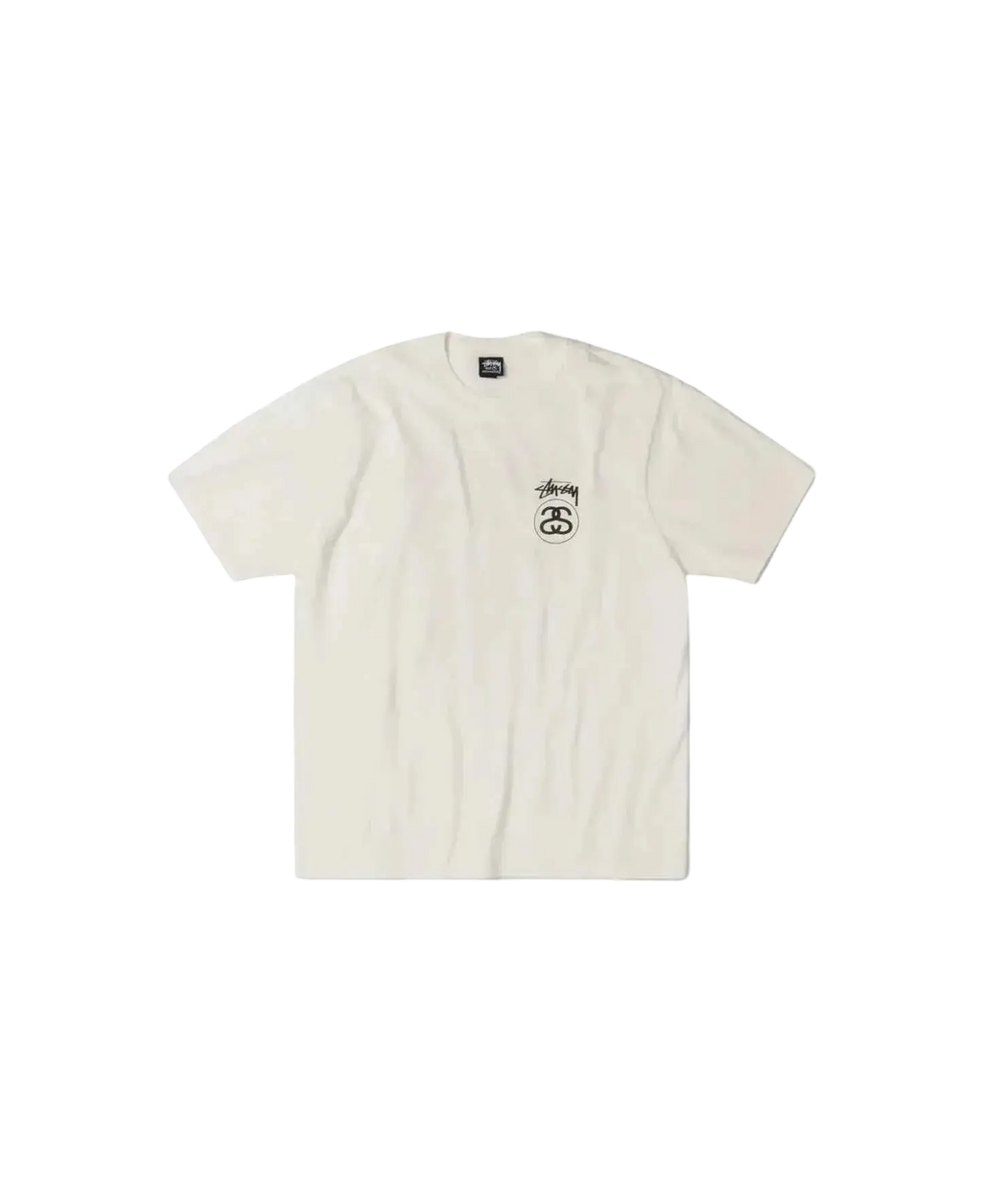 Off-white Stussy built to last pigment dyed tee with black embroidered logo on the left chest in natural color