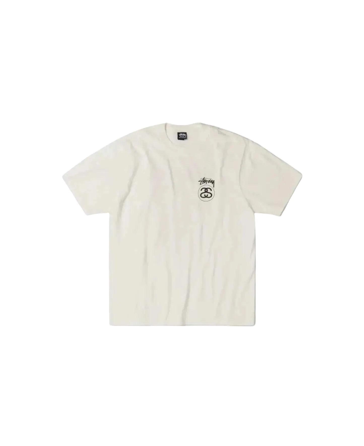 Off-white Stussy built to last pigment dyed tee with black embroidered logo on the left chest in natural color