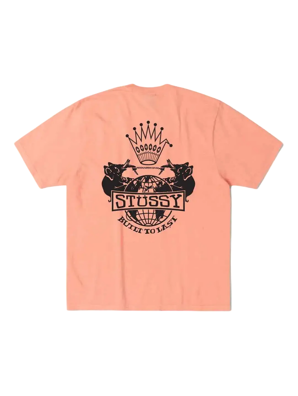 A peach-colored stussy built to last pigment dyed tee with black elephant graphic and brand text on front