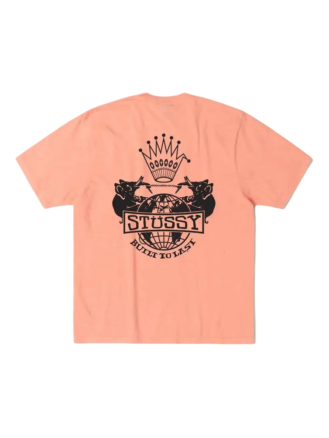 A peach-colored stussy built to last pigment dyed tee with black elephant graphic and brand text on front