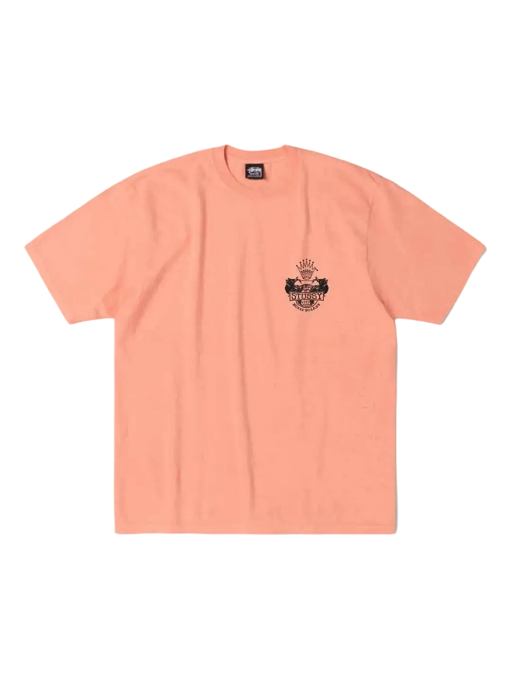 Peach-colored short-sleeved stussy built to last pigment dyed tee with small black and white chest graphic