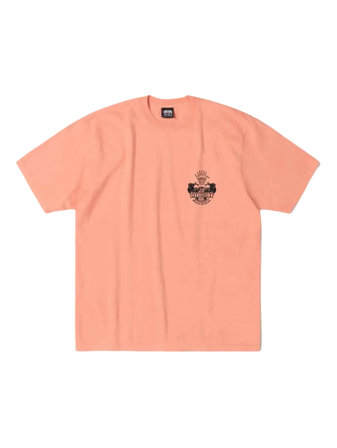 Peach-colored short-sleeved stussy built to last pigment dyed tee with small black and white chest graphic