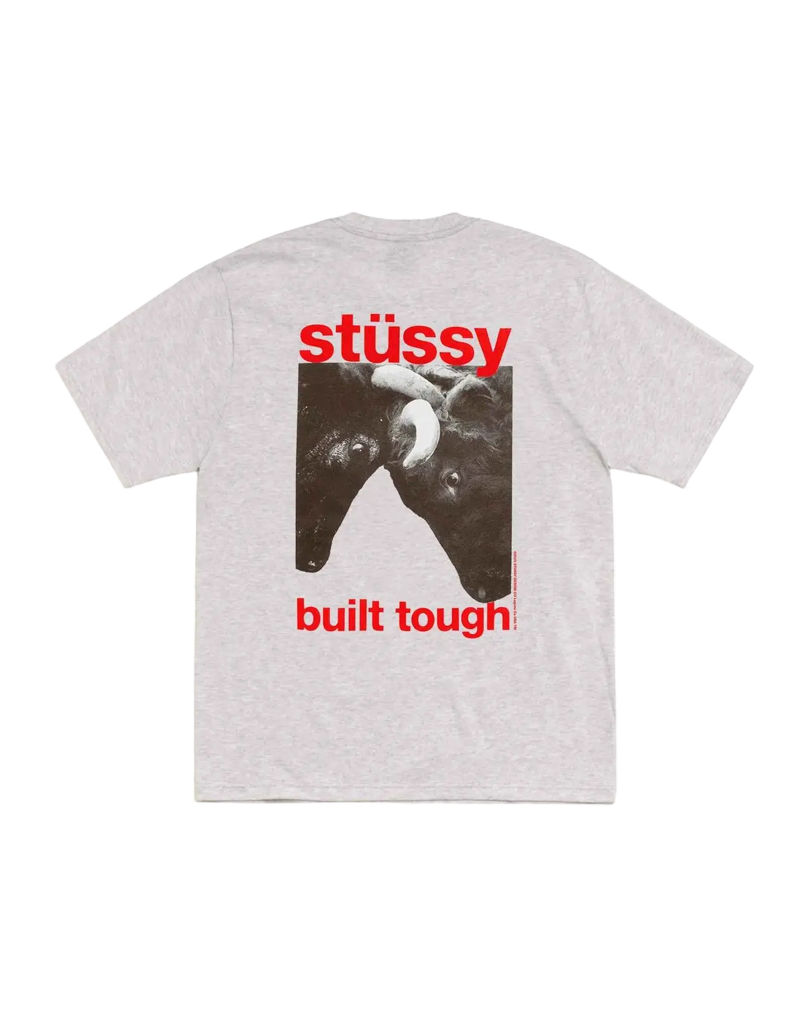 White Stussy built tough tee ash heather t-shirt with black and white bulls graphic and red Stussy and built tough text