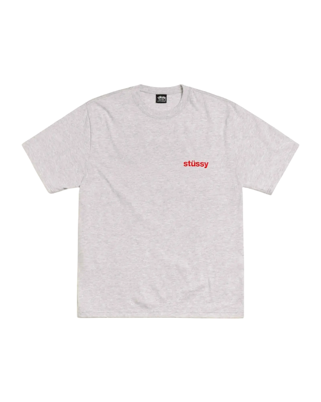 White stussy built tough tee ash heather with small red logo on chest made of comfortable cotton material
