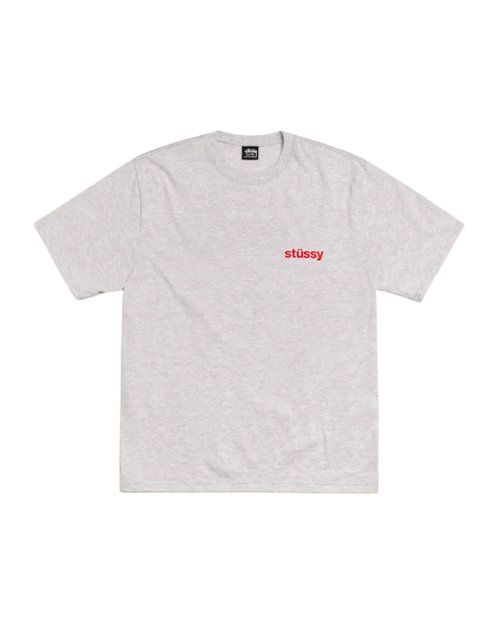 White stussy built tough tee ash heather with small red logo on chest made of comfortable cotton material